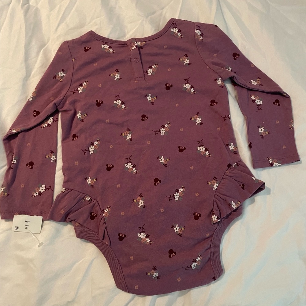 Disney baby long sleeve baby onesie. Purple with flowers and Minnie Mouse